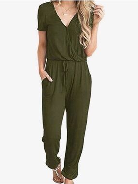Olive Green Wrap-Front Jumpsuit